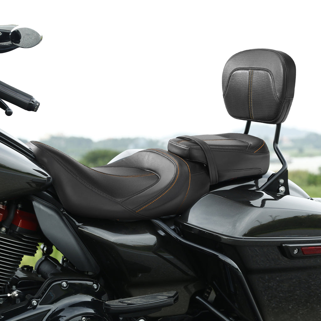 C.C. RIDER Touring Seat Two Piece Low Profile Driver Passenger Seat With Backrest For Road Glide Street Glide Road King, Black Orange, 2009-2023