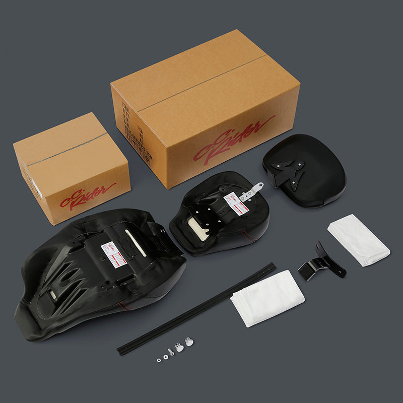 C.C. RIDER Touring Seat Two Piece Low Profile Driver Passenger Seat With Backrest For Road Glide Street Glide Road King, Black Red, 2009-2023