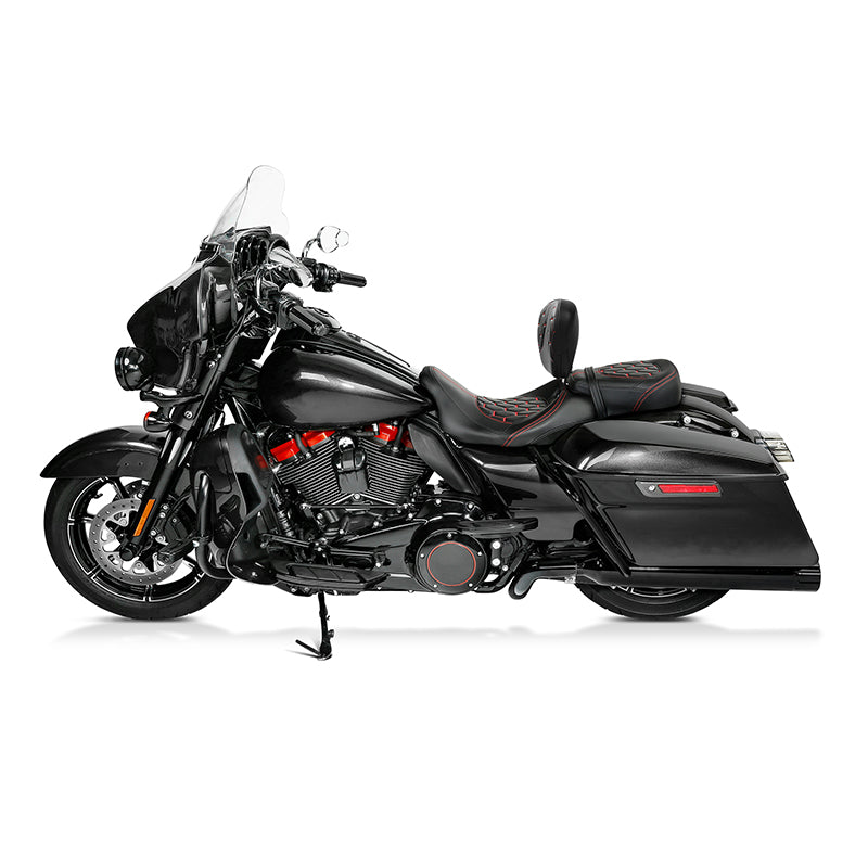 C.C. RIDER Touring Seat Two Piece Low Profile Driver Passenger Seat With Backrest For Road Glide Street Glide Road King, Black Red, 2009-2023