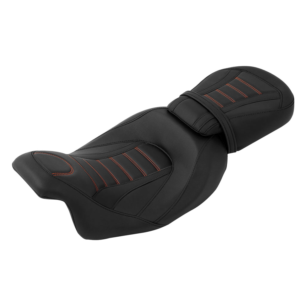 C.C. RIDER Touring Seat Two Piece Low Profile Driver Passenger Seat With Backrest For Road Glide Street Glide Road King, Black Orange, 2009-2023