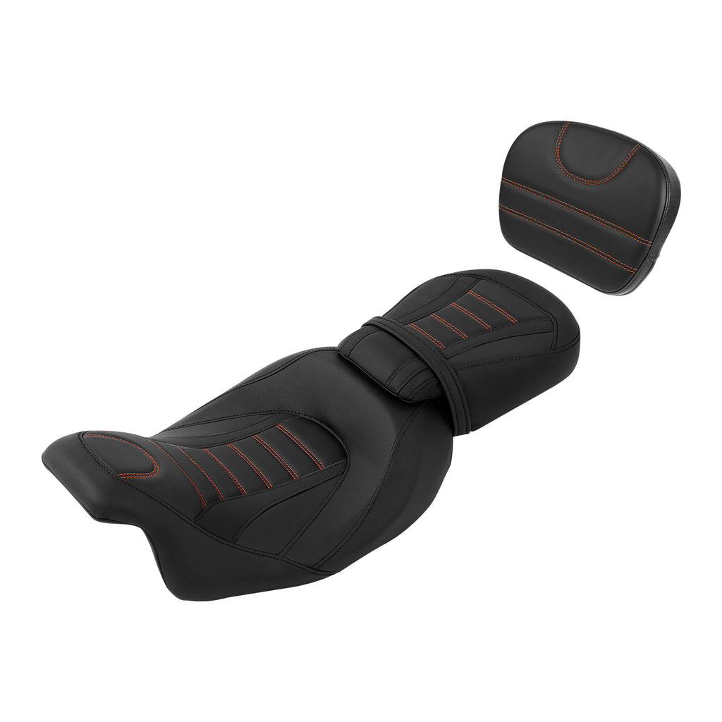 C.C. RIDER Touring Seat Two Piece Low Profile Driver Passenger Seat With Backrest For Road Glide Street Glide Road King, Black Orange, 2009-2023