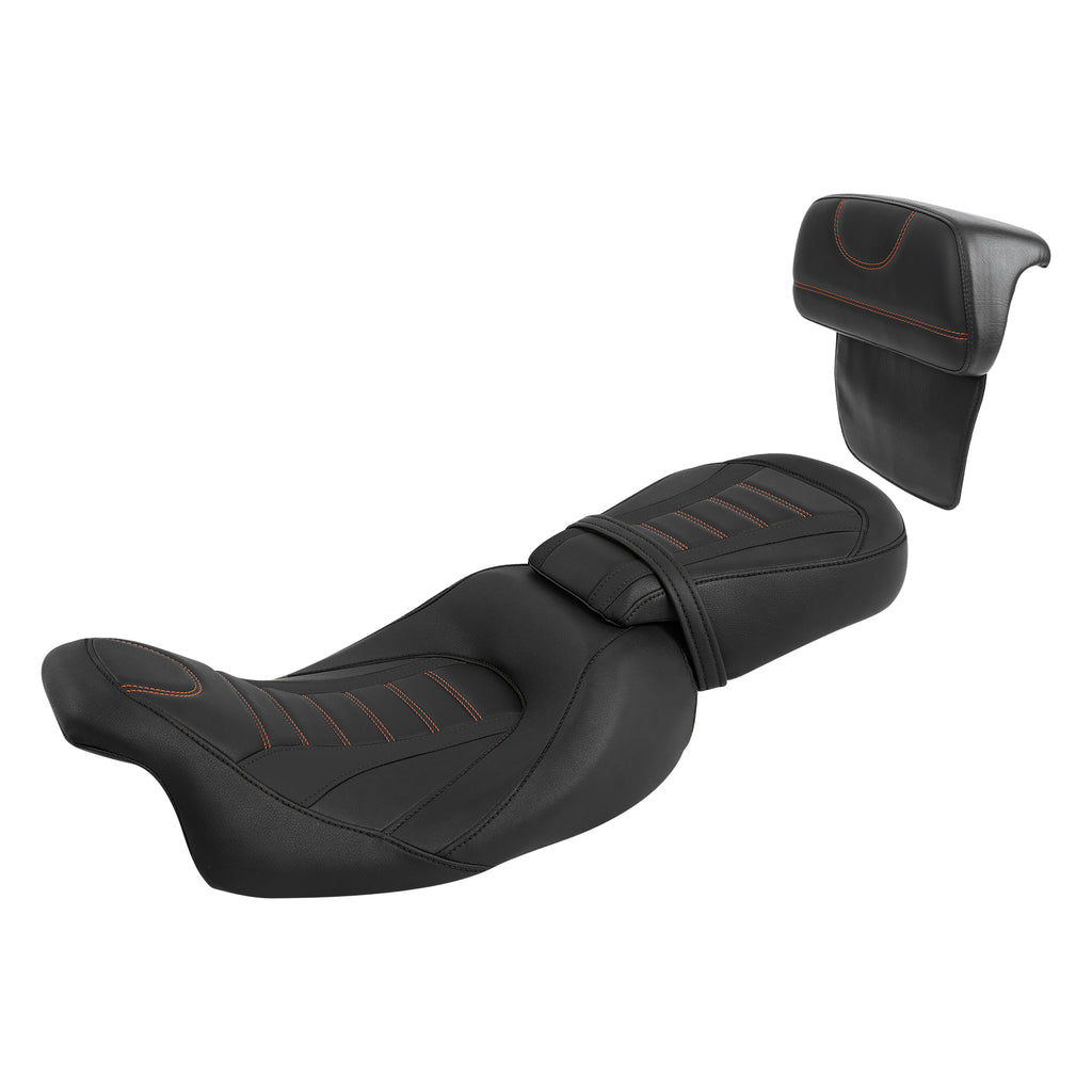 C.C. RIDER Touring Seat Two Piece Low Profile Driver Passenger Seat With Backrest For Road Glide Street Glide Road King, Black Orange, 2009-2023