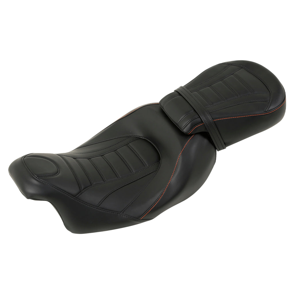 C.C. RIDER Touring Seat Two Piece Low Profile Driver Passenger Seat With Backrest For Road Glide Street Glide Road King, Black Orange, 2009-2023