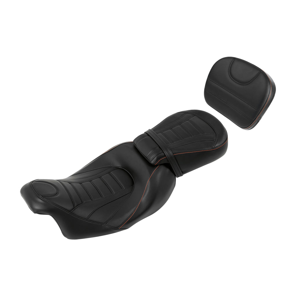 C.C. RIDER Touring Seat Two Piece Low Profile Driver Passenger Seat With Backrest For Road Glide Street Glide Road King, Black Orange, 2009-2023