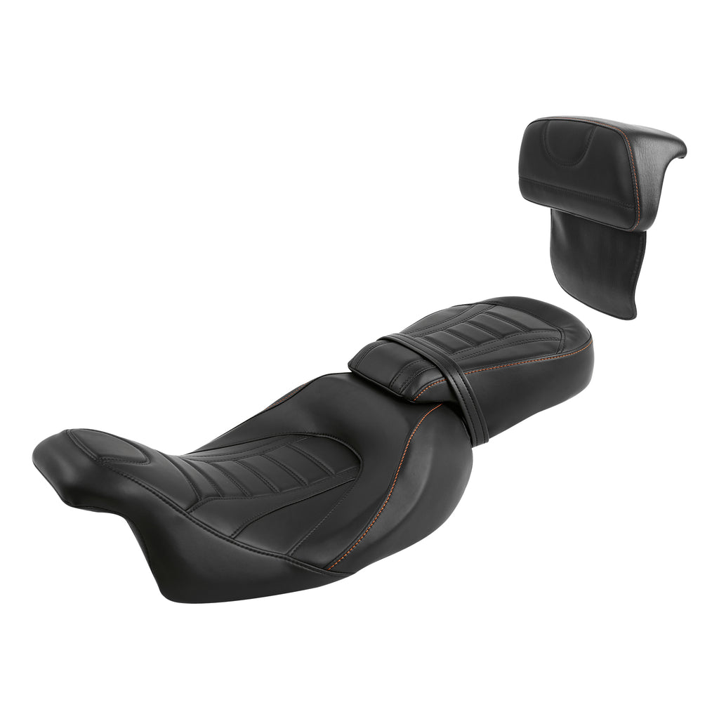 C.C. RIDER Touring Seat Two Piece Low Profile Driver Passenger Seat With Backrest For Road Glide Street Glide Road King, Black Orange, 2009-2023