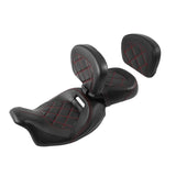 C.C. RIDER Touring Seat Two Piece Low Profile Driver Passenger Seat With Backrest For Road Glide Street Glide Road King, Black Red, 2009-2023
