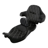 C.C. RIDER Touring Seat Driver Passenger Seat Extended Reach Seat With Backrest For Harley CVO Road Glide Electra Glide Street Glide Road King, Black Gray Diamond Stitching, 2014-2023