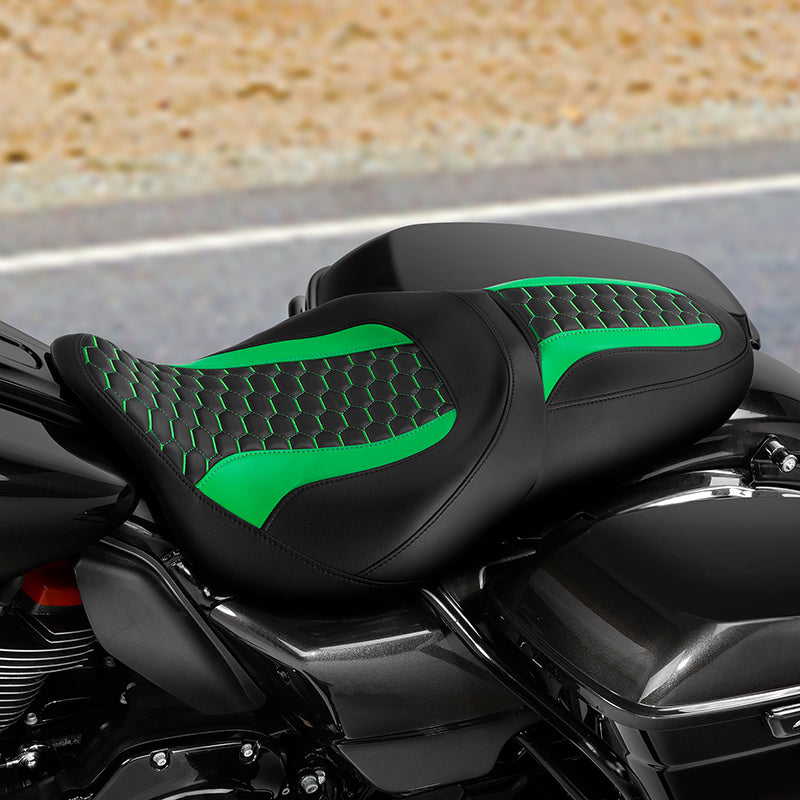 C.C. RIDER Touring Seat 2 up Seat Driver Passenger Seat For Harley Touring Street Glide Road Glide Electra Glide Green Honeycomb, 2008-2023