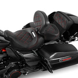 C.C. RIDER Touring Seat Two Piece Low Profile Driver Passenger Seat With Backrest For Road Glide Street Glide Road King, Black Red, 2009-2023