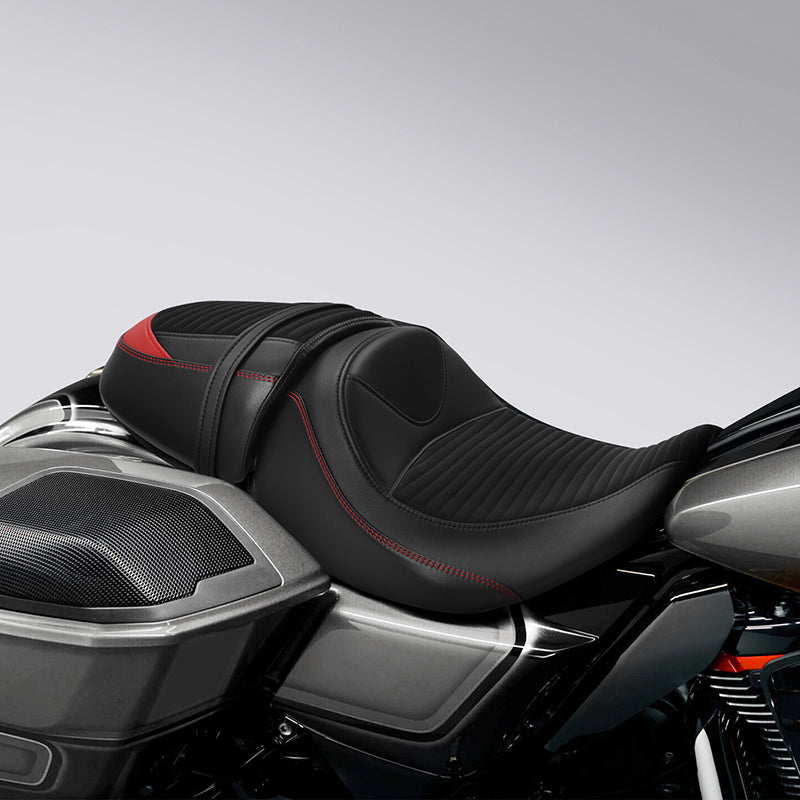 c.c. Rider Touring Seat Two Piece 2 Up Seat Low Profile Driver Solo Seat Passenger Seat Alcantara Leather Red Stitching for CVO Street Glide CVO Road