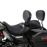 C.C. RIDER Touring Seat Two Piece Low Profile Driver Passenger Seat With Backrest For Road Glide Street Glide Road King, Black Blue, 2014-2023