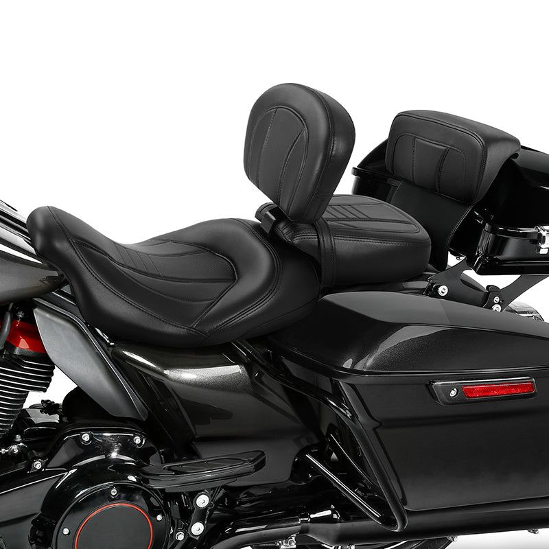 C.C. RIDER Touring Seat Two Piece Low Profile Driver Passenger Seat With Backrest For Road Glide Street Glide Road King, Black, 2014-2022