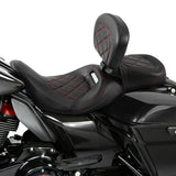 C.C. RIDER Touring Seat Two Piece Low Profile Driver Passenger Seat With Backrest For Road Glide Street Glide Road King, Black Red, 2009-2023