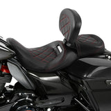 C.C. RIDER Touring Seat Two Piece Low Profile Driver Passenger Seat With Backrest For Road Glide Street Glide Road King, Black Red, 2014-2023