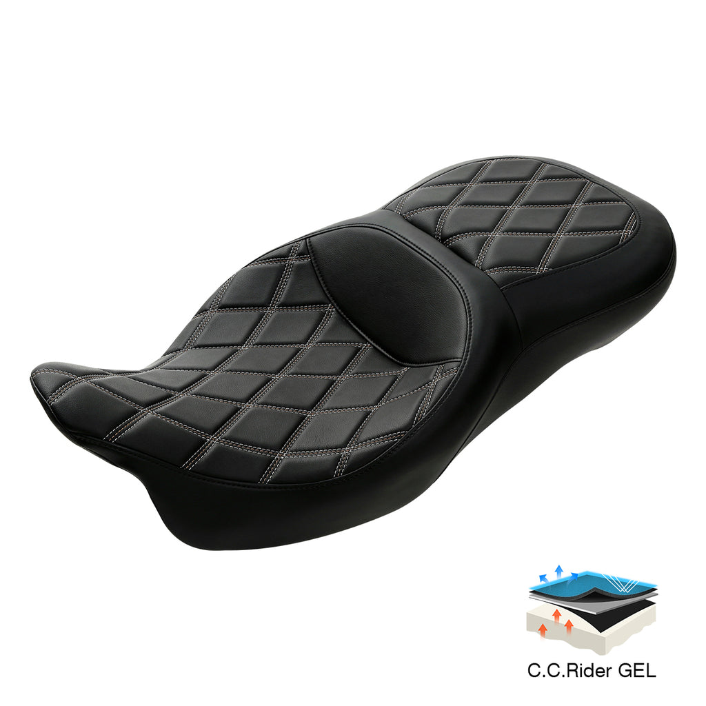 Gel Seat C.C. RIDER Touring Seat 2 Up Seat Driver Passenger Seat For Harley CVO Road Glide Electra Glide Street Glide Road King Gray Brown Lattice, 2009-2023