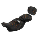 C.C. RIDER Touring Seat Two Piece Low Profile Driver Passenger Seat With Backrest For Road Glide Street Glide Road King, Black Orange, 2009-2023