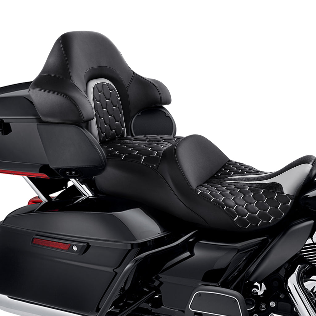C.C. RIDER Touring Seat Driver Passenger Seat With Backrest For Harley CVO Road Glide Electra Glide Street Glide Road King, Whitish Grey, 2014-2023