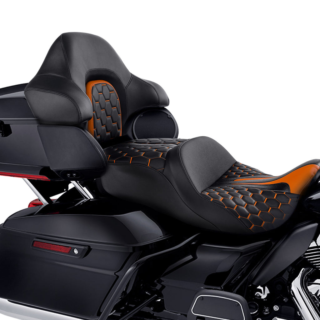 C.C. RIDER Touring Seat Driver Passenger Seat With Backrest For Harley CVO Road Glide Electra Glide Street Glide Road King, Black Orange, 2014-2023