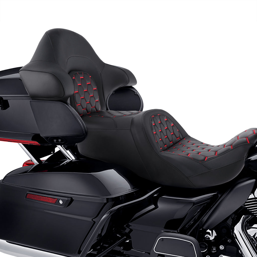 C.C. RIDER Touring Seat Driver Passenger Seat With Backrest For Harley CVO Road Glide Electra Glide Street Glide Road King, Black Red, 2014-2023