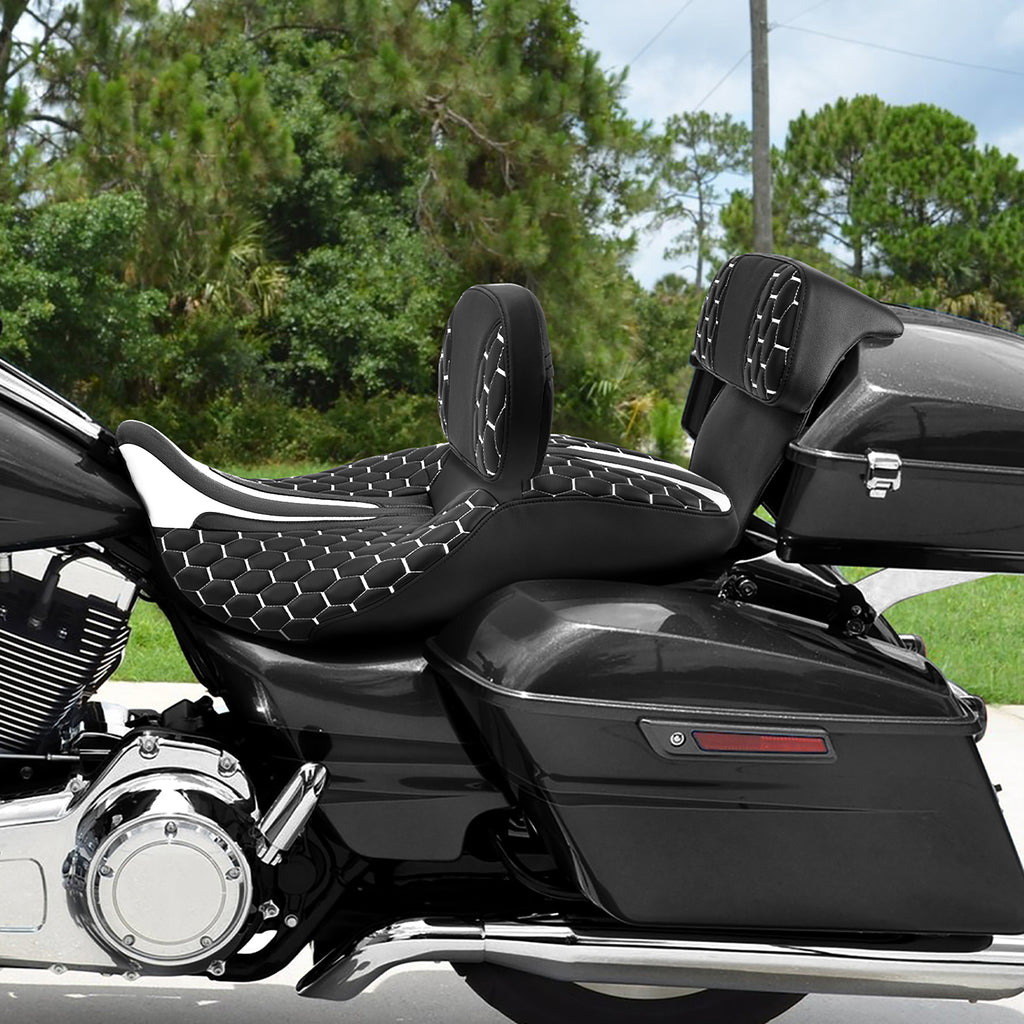 C.C. RIDER Touring Seat Driver Passenger Seat With Backrest For Harley Touring Street Glide Road Glide Electra Glide, Black White, 2008-2023
