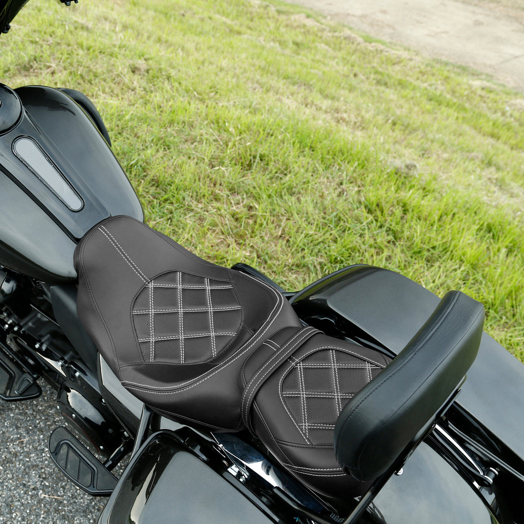 C.C. RIDER Touring Seat Two Piece Low Profile Driver Passenger Seat With Backrest For Road Glide Street Glide Road King, Black White 2014-2023