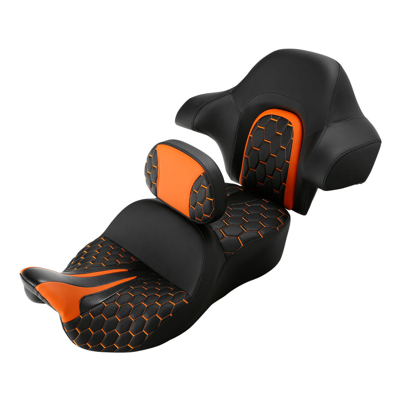 C.C. RIDER Touring Seat Driver Passenger Seat With Backrest For Harley CVO Road Glide Electra Glide Street Glide Road King, Black Orange, 2014-2023