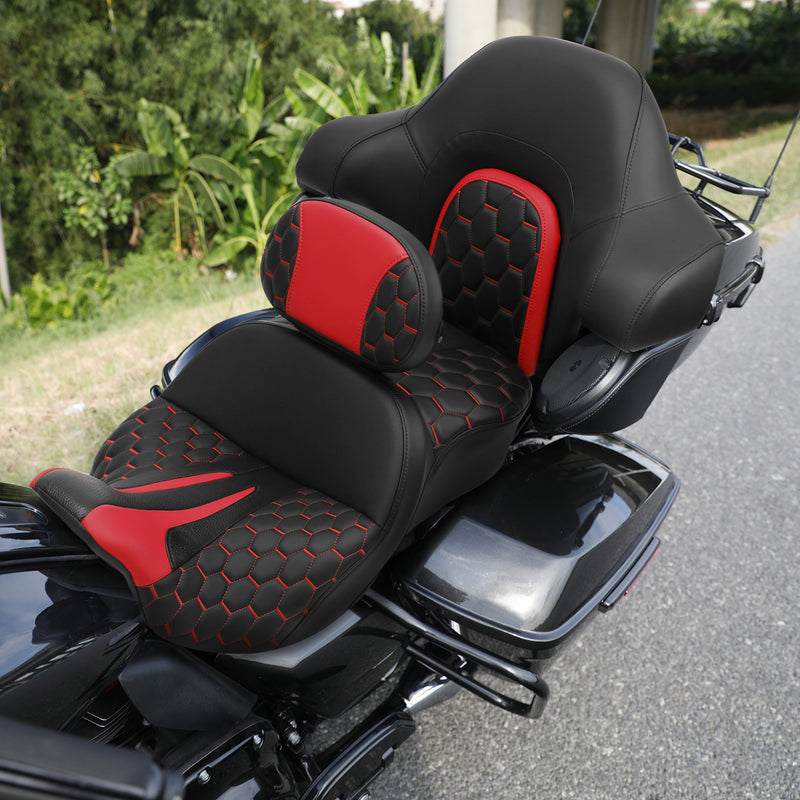 C.C. RIDER Touring Seat Driver Passenger Seat With Backrest For Harley CVO Road Glide Electra Glide Street Glide Road King, Black Red, 2014-2023