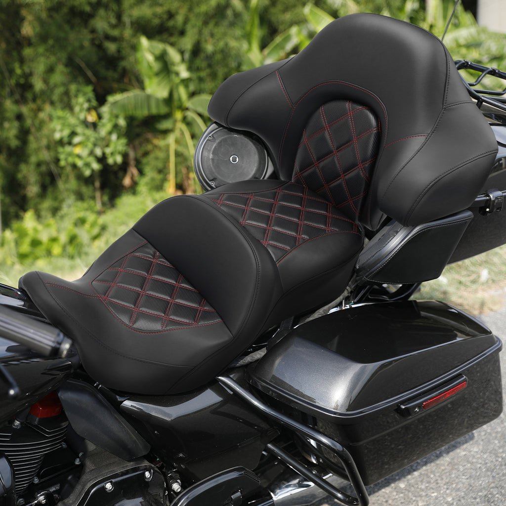 C.C. RIDER Touring Seat Driver Passenger Seat With Backrest For Harley CVO Road Glide Electra Glide Street Glide Road King, Black Red, 2014-2023