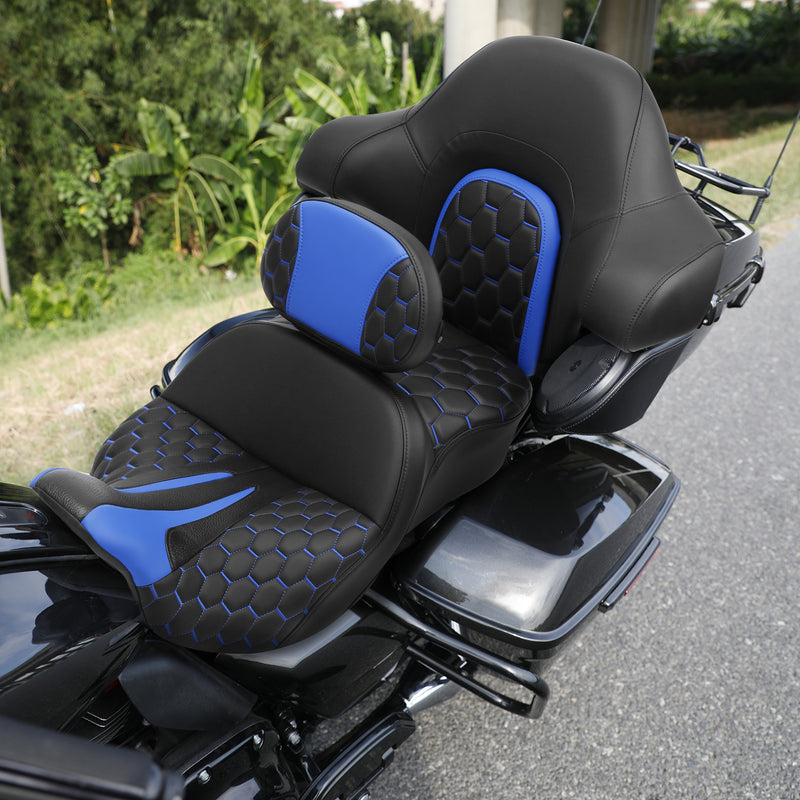 C.C. RIDER Touring Seat Driver Passenger Seat With Backrest For Harley CVO Road Glide Electra Glide Street Glide Road King, Black Blue, 2014-2023