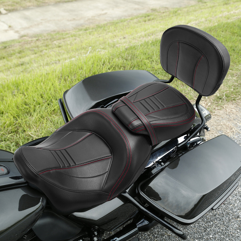 C.C. RIDER Touring Seat Two Piece Low Profile Driver Passenger Seat With Backrest For Road Glide Street Glide Road King, Red, 2014-2023
