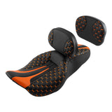 C.C. RIDER Touring Seat Driver Passenger Seat With Backrest For Harley Touring Street Glide Road Glide Electra Glide, Black Orange, 2008-2023
