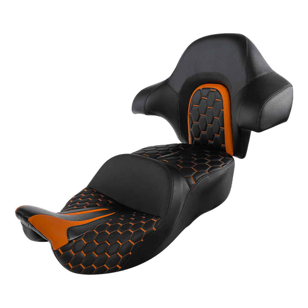 C.C. RIDER Touring Seat Driver Passenger Seat With Backrest For Harley CVO Road Glide Electra Glide Street Glide Road King, Black Orange, 2014-2023