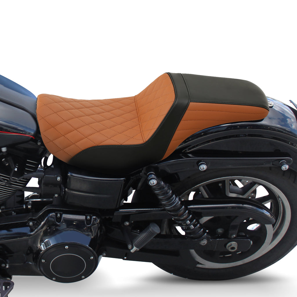 C.C. RIDER Dyna Step Up Seat 2 up Seat Black Brown Lattice Stiching For Fat Bob FXD/FXDWG, 2006-2017