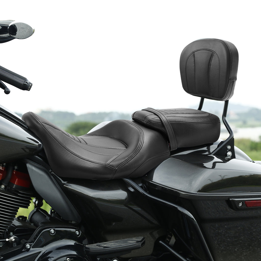 C.C. RIDER Touring Seat Two Piece Low Profile Driver Passenger Seat With Backrest For Road Glide Street Glide Road King, Black, 2014-2022